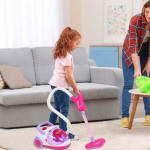 Set aspirator cu 11 accesorii curatenie pentru copii, sunete realiste, carucior roz
