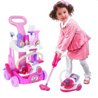 Set aspirator cu 11 accesorii curatenie pentru copii, sunete realiste, carucior roz
