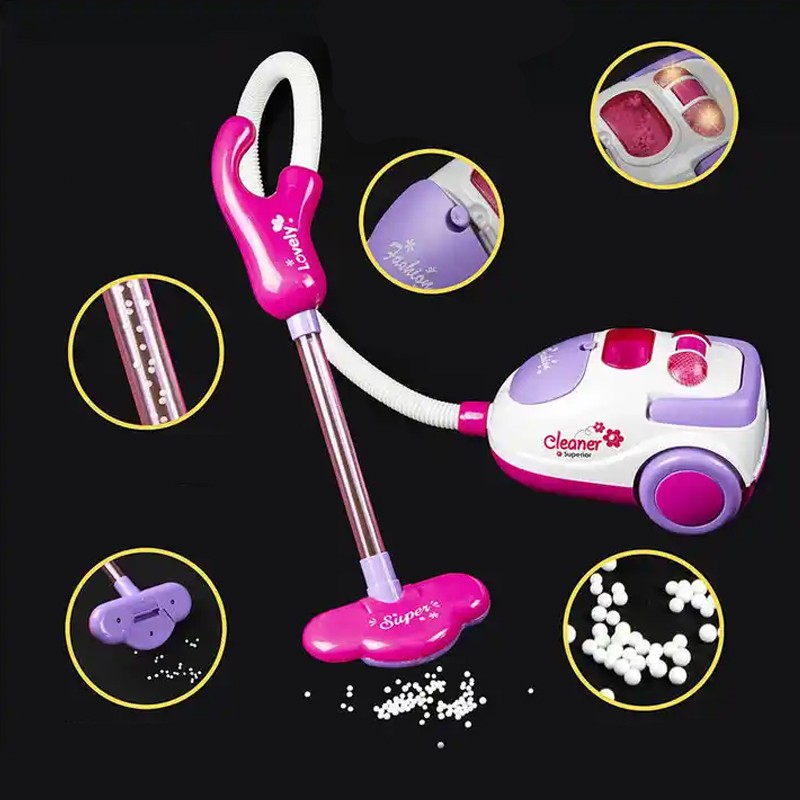 Set aspirator cu 11 accesorii curatenie pentru copii, sunete realiste, carucior roz