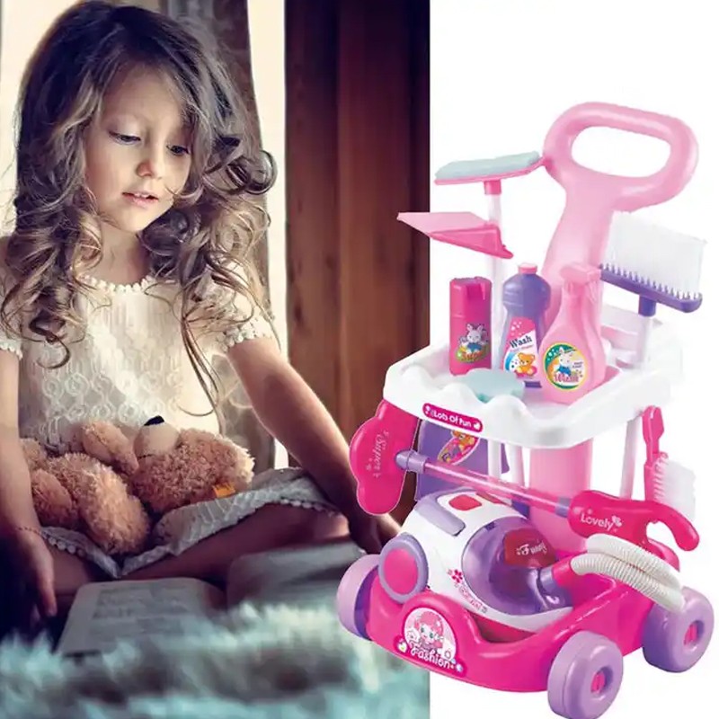 Set aspirator cu 11 accesorii curatenie pentru copii, sunete realiste, carucior roz