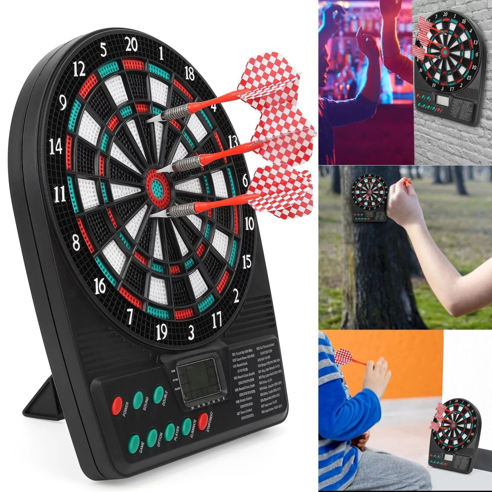Joc mini darts cu afisaj electronic, 2-8 jucatori, 3 sageti, efecte sonore, 18x3x26 cm