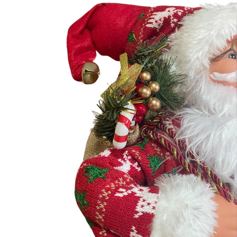 Mos craciun 60 cm, figurina decorativa, saculet cadouri, caciula cu clopotel