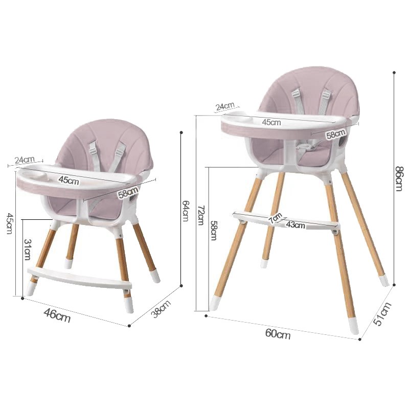 Scaun de masa pentru bebelusi, 3 in 1, suport picioare, tavita si husa detasabile, centura 5 puncte, roz pudra