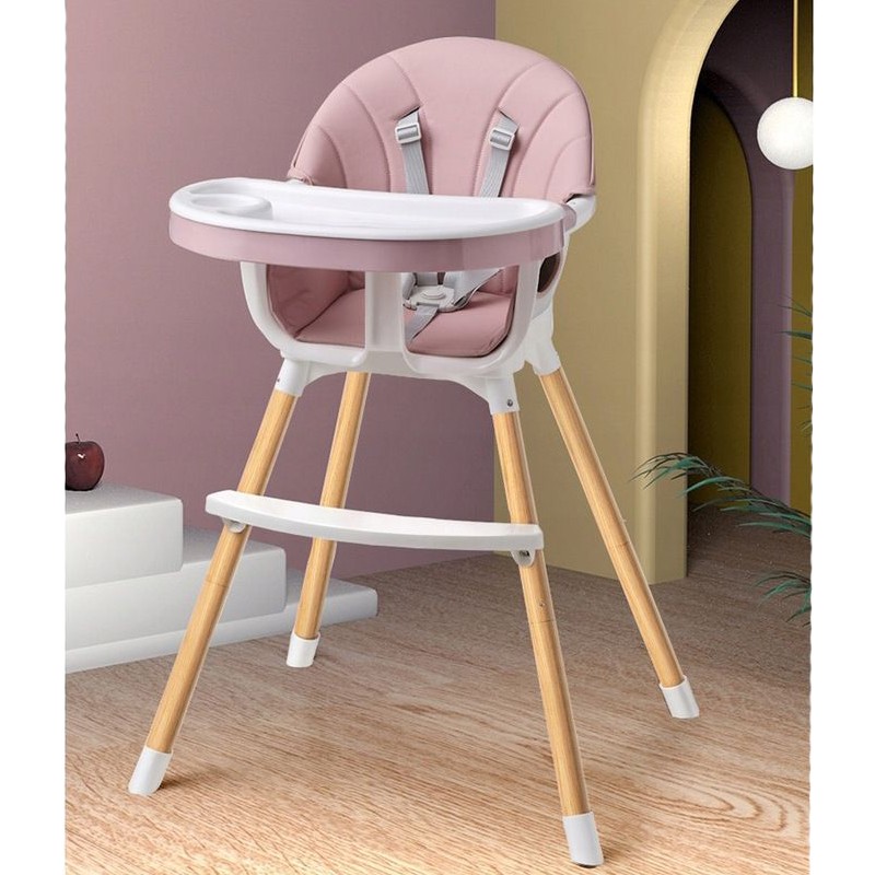 Scaun de masa pentru bebelusi, 3 in 1, suport picioare, tavita si husa detasabile, centura 5 puncte, roz pudra