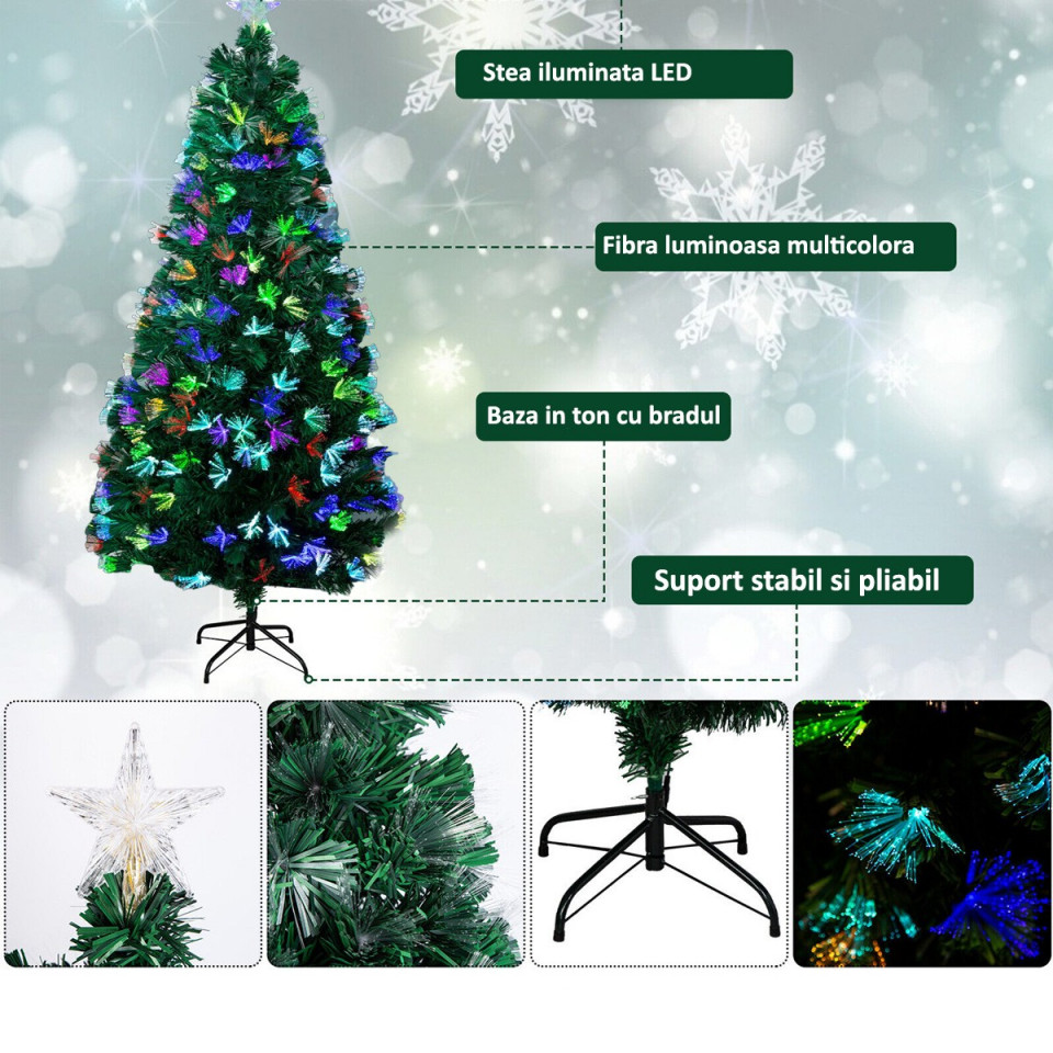 Brad artificial, iluminat fibra optica si led, inaltime 210 cm, ramuri flexibile, suport metalic