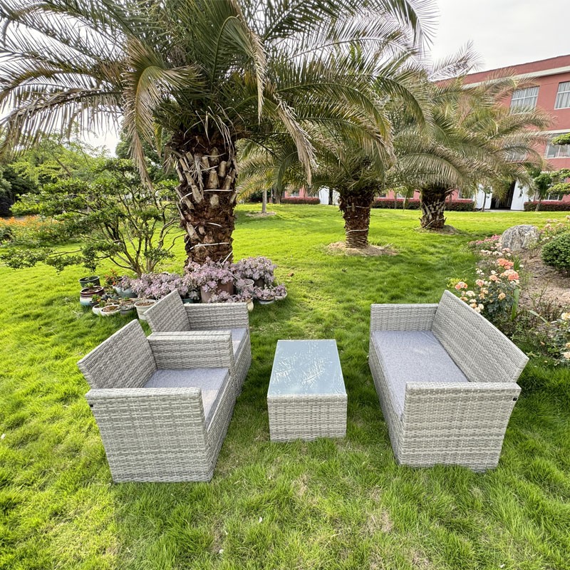 Set mobilier poli ratan moale premium pentru gradina, 2 fotolii, masuta, canapea, gri