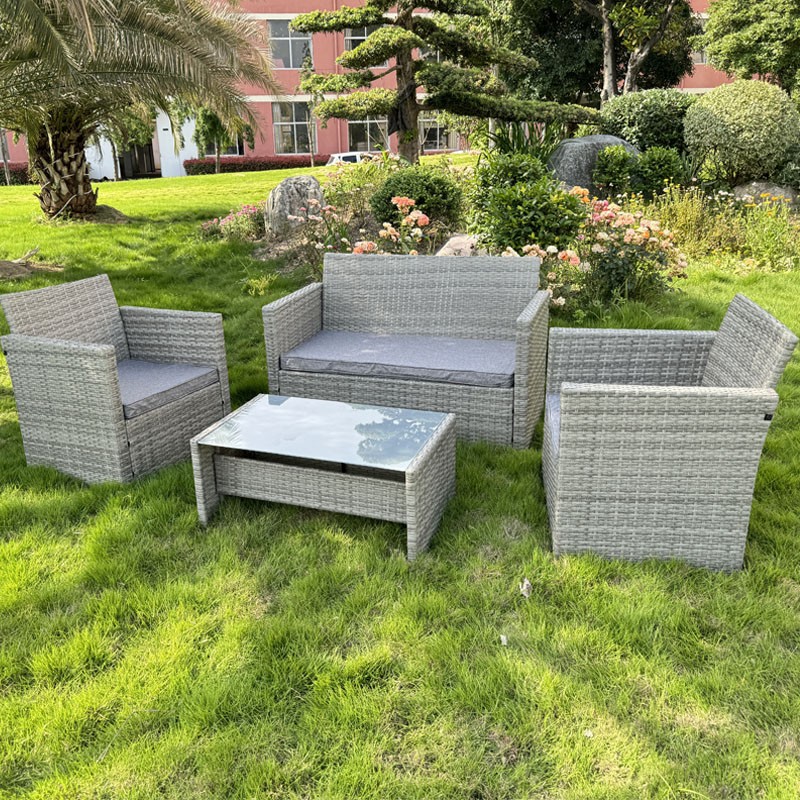 Set mobilier poli ratan moale premium pentru gradina, 2 fotolii, masuta, canapea, gri