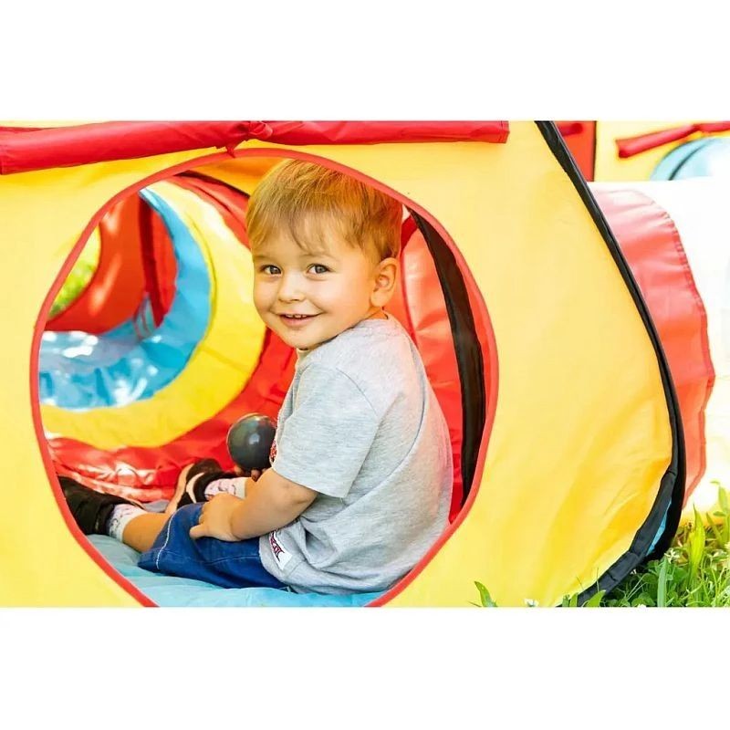 Cort de joaca pentru copii, 3 in 1, pliabil, tunel legatura, 300x80x86 cm, poliester, geanta transport
