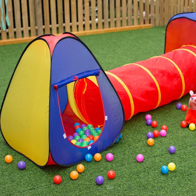Cort de joaca 3 in 1 pentru copii, set 100 mingi multicolore, tunel, cort iglu, cub, poliester, 300x80x86 cm