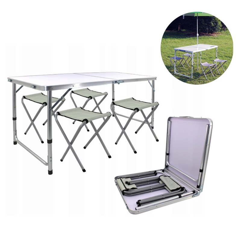 Set masa cu 4 scaune pentru camping, inaltime masa reglabila, 120x60x70/62/55 cm, aluminiu