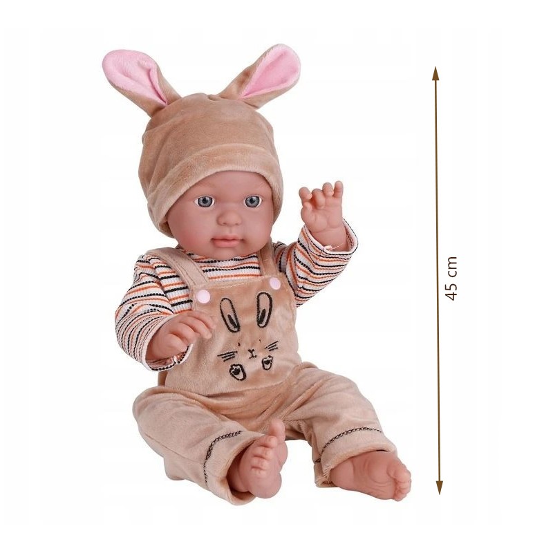Papusa bebelus, caciula urechi iepuras, salopeta si bluza, aspect realist, 45 cm