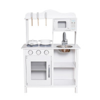 Bucatarie din lemn si mdf pentru copii, cuptor cu microunde, chiuveta, rafturi, ustentile pentru gatit, 60x30x85 cm, alba