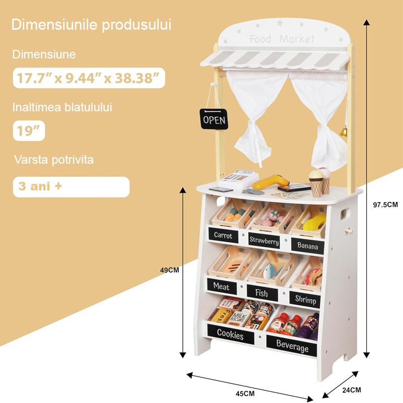 Magazin cu legume si fructe pentru copii, pos, casa de marcat, lazi, 45x24x97.5 cm