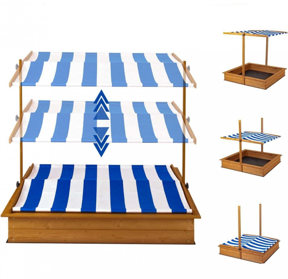 Lada de nisip pentru copii, acoperis parasolar ajustabil, rotativ la 180  grade, 120x120x20 cm, lemn