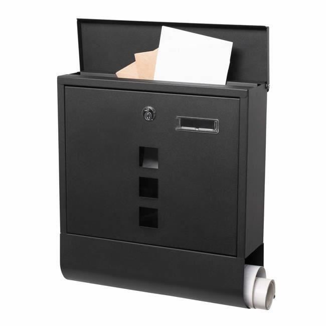 Cutie postala cu suport pentru ziare, 2 chei, de exterior, 33x30x8.5 cm, metal, negru