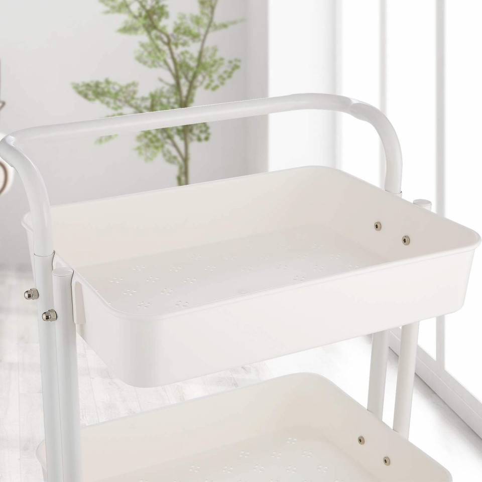 Raft universal de depozitare, 3 cosuri perforate, roti transport, abs si metal, 45x35x84 cm, alb