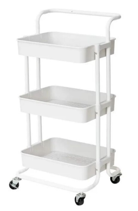 Raft universal de depozitare, 3 cosuri perforate, roti transport, abs si metal, 45x35x84 cm, alb