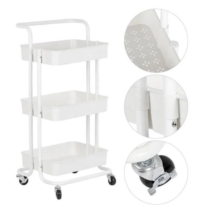 Raft universal de depozitare, 3 cosuri perforate, roti transport, abs si metal, 45x35x84 cm, alb