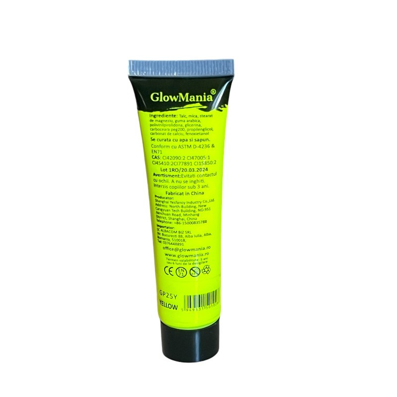 Vopsea glow uv galben neon pentru body painting, cantitate 25 ml, pe baza de apa
