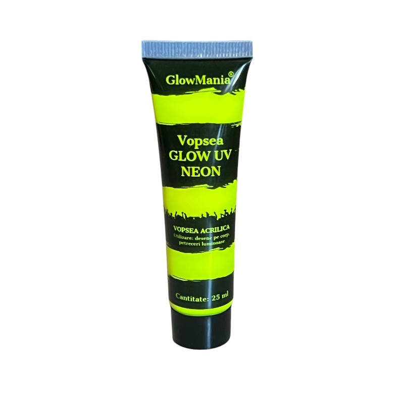 Vopsea glow uv galben neon pentru body painting, cantitate 25 ml, pe baza de apa