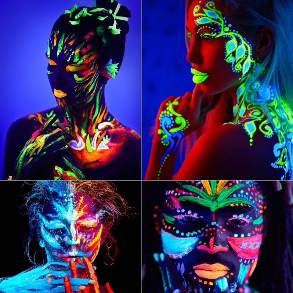 Vopsea glow uv albastru neon, formula non-toxica, pentru body painting, recipient 25 ml