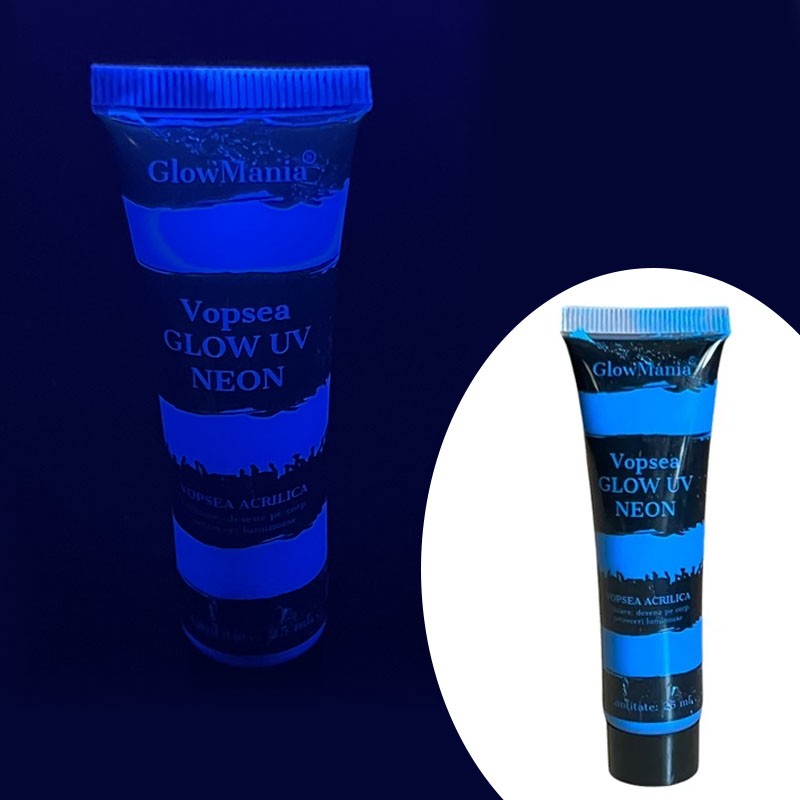 Vopsea glow uv albastru neon, formula non-toxica, pentru body painting, recipient 25 ml