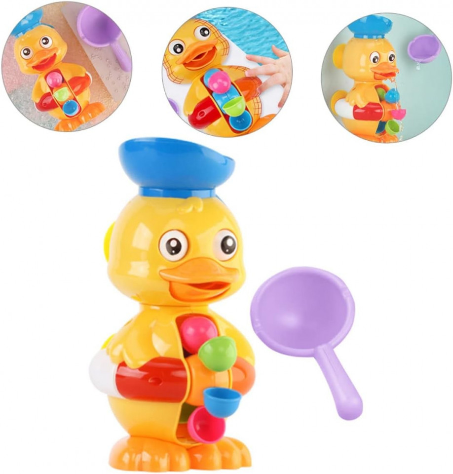 Jucarie de baie ratusca vesela, lopatica apa, ochi rotativi, roata multicolor, 2 ventuze prindere