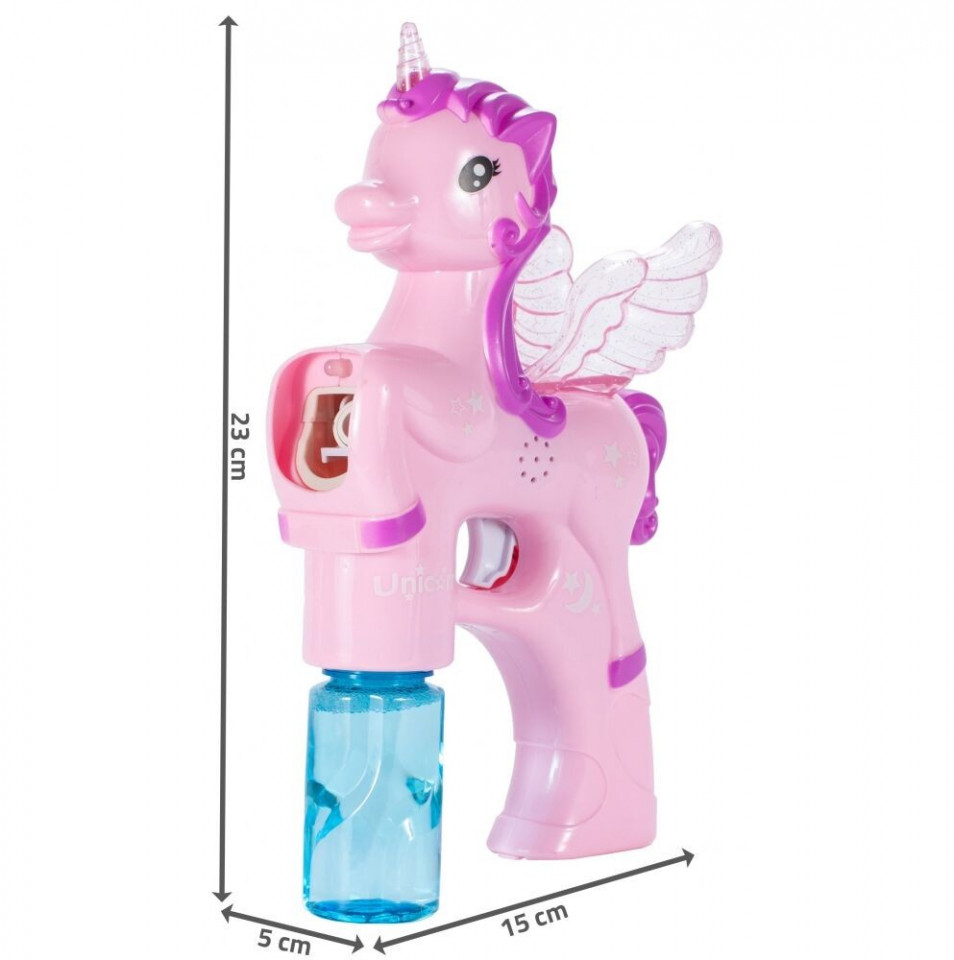 Pistol baloane de sapun unicorn, muzica si lumini, alimentare cu baterii