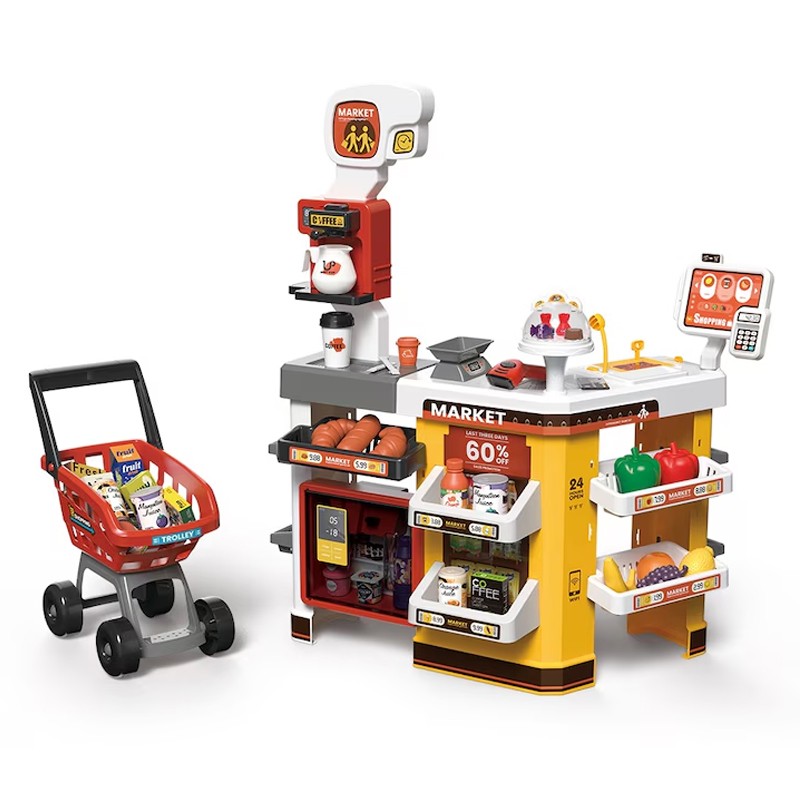 Set supermaket de jucarie, 54 accesorii, sunete, lumini, pos, scanner, cos cumparaturi, multicolor