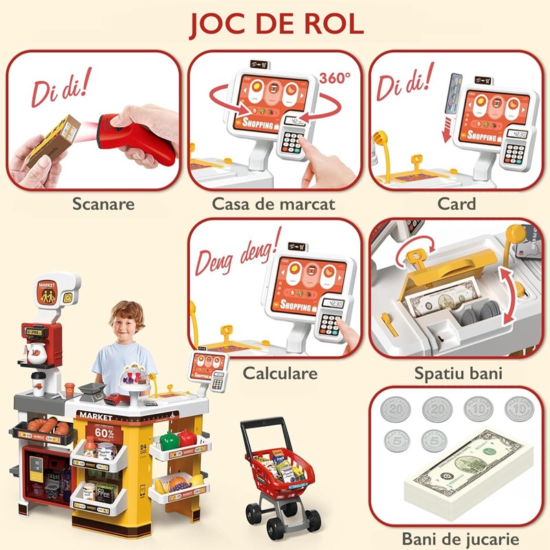 Set supermaket de jucarie, 54 accesorii, sunete, lumini, pos, scanner, cos cumparaturi, multicolor