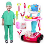 Kit medical pentru copii, 18 piese, carucior cu ekg, stetoscop, otoscop, bisturiu, foarfece, sunete si lumini, inaltime 58 cm