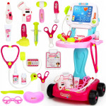 Kit medical pentru copii, 18 piese, carucior cu ekg, stetoscop, otoscop, bisturiu, foarfece, sunete si lumini, inaltime 58 cm