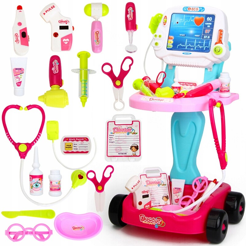 Kit medical pentru copii, 18 piese, carucior cu ekg, stetoscop, otoscop, bisturiu, foarfece, sunete si lumini, inaltime 58 cm
