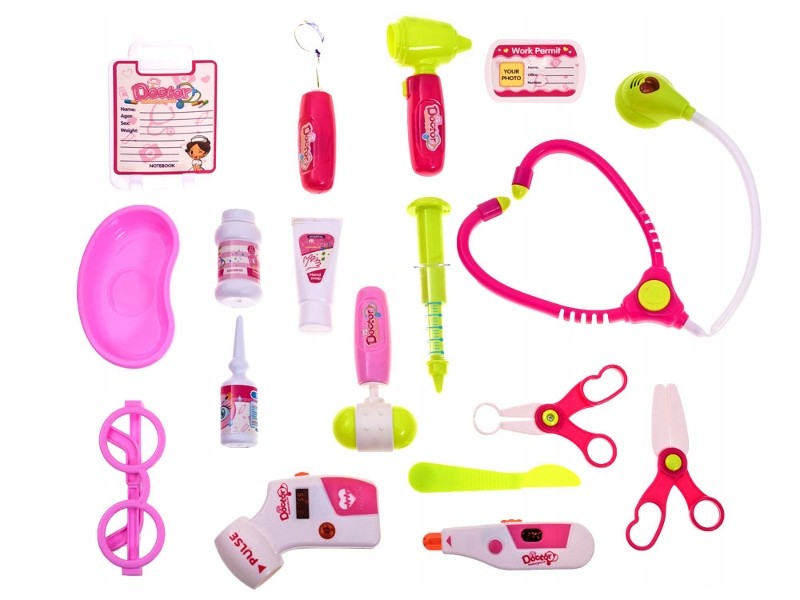 Kit medical pentru copii, 18 piese, carucior cu ekg, stetoscop, otoscop, bisturiu, foarfece, sunete si lumini, inaltime 58 cm