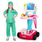 Kit medical pentru copii, 18 piese, carucior cu ekg, stetoscop, otoscop, bisturiu, foarfece, sunete si lumini, inaltime 58 cm