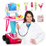 Kit medical pentru copii, 18 piese, carucior cu ekg, stetoscop, otoscop, bisturiu, foarfece, sunete si lumini, inaltime 58 cm