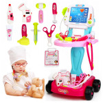 Kit medical pentru copii, 18 piese, carucior cu ekg, stetoscop, otoscop, bisturiu, foarfece, sunete si lumini, inaltime 58 cm