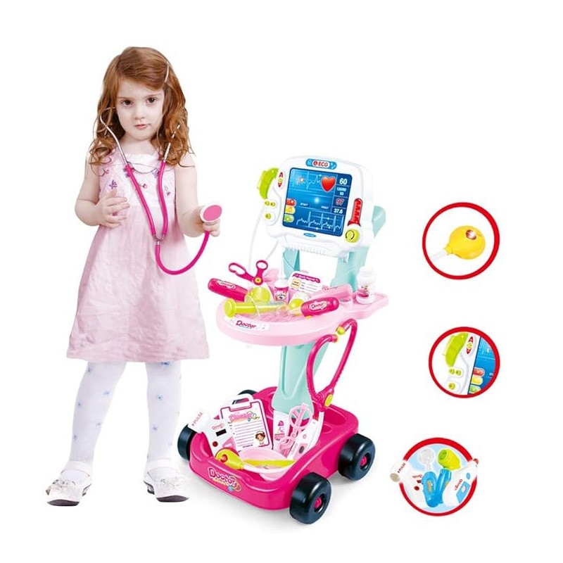 Kit medical pentru copii, 18 piese, carucior cu ekg, stetoscop, otoscop, bisturiu, foarfece, sunete si lumini, inaltime 58 cm