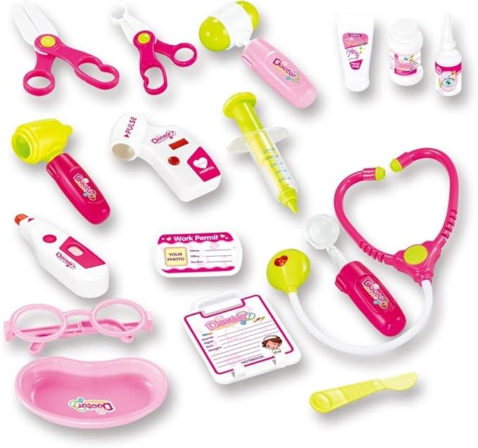 Kit medical pentru copii, 18 piese, carucior cu ekg, stetoscop, otoscop, bisturiu, foarfece, sunete si lumini, inaltime 58 cm