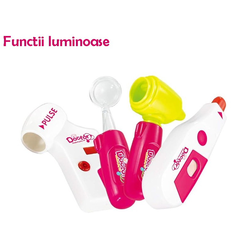 Kit medical pentru copii, 18 piese, carucior cu ekg, stetoscop, otoscop, bisturiu, foarfece, sunete si lumini, inaltime 58 cm
