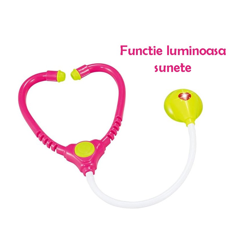 Kit medical pentru copii, 18 piese, carucior cu ekg, stetoscop, otoscop, bisturiu, foarfece, sunete si lumini, inaltime 58 cm