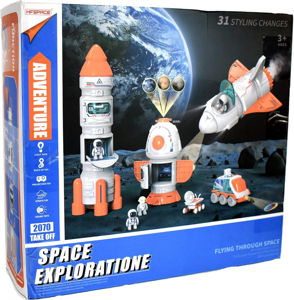 Nava spatiala cu proiector planete, 3 figurine astronaut, efecte sonore si abur, 31 moduri constructie, 9 carti educative