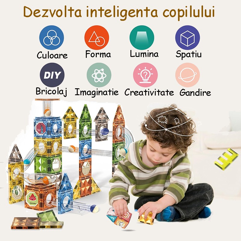 Set magnetic constructie 3d, circuit luminos interactiv steam, traseu bile, 105 piese, multicolor
