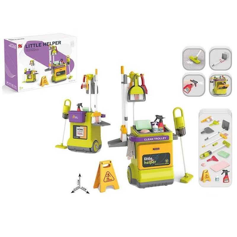 Set curatenie de jucarie, aspirator electric cu sunete, carucior, matura, solutii curatare, semnalizator podea umeda, 20 piese