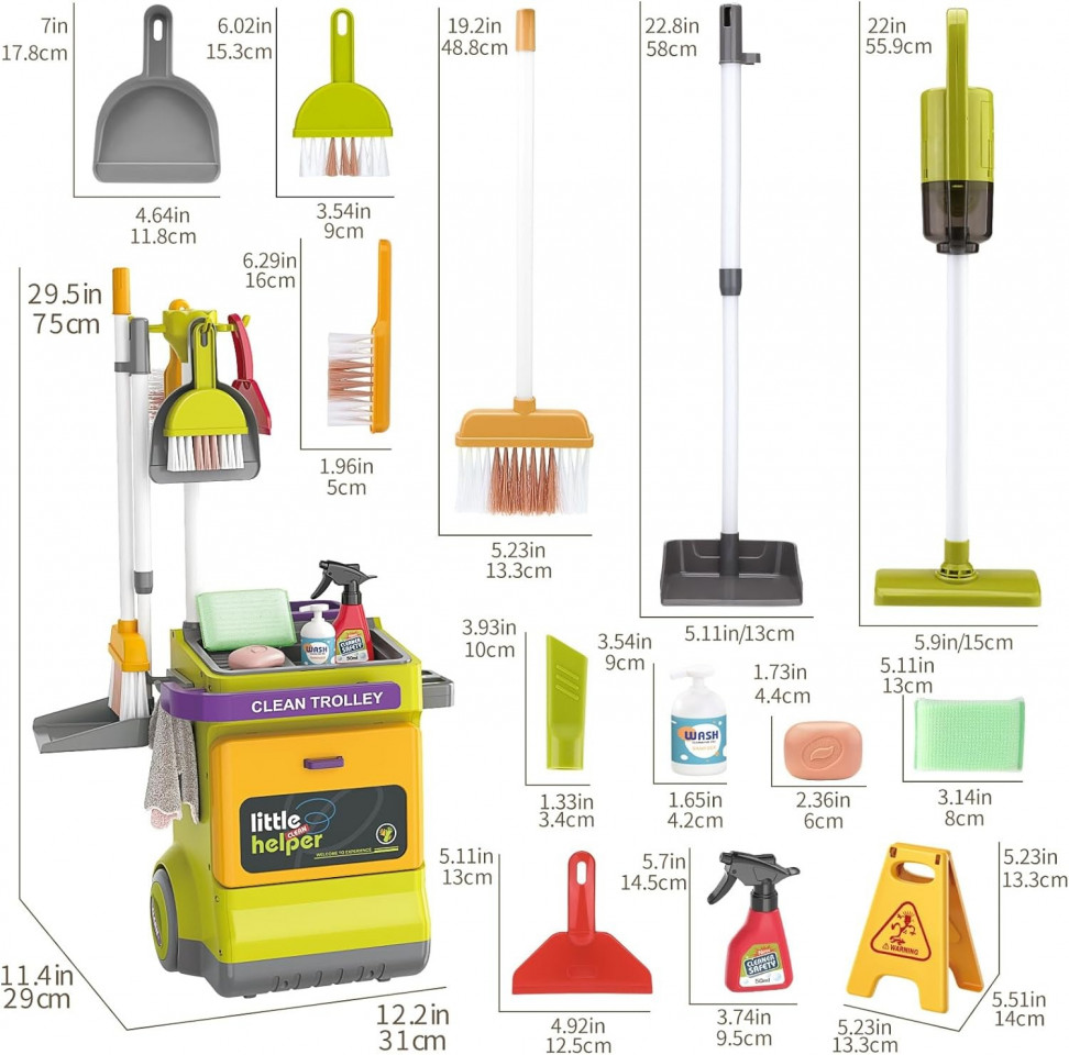 Set curatenie de jucarie, aspirator electric cu sunete, carucior, matura, solutii curatare, semnalizator podea umeda, 20 piese