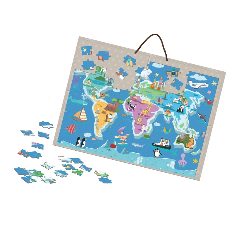 Puzzle magnetic harta lumii cu animale, 168 piese, tablita cu snur agatare pe perete, multicolor, 41x55 cm