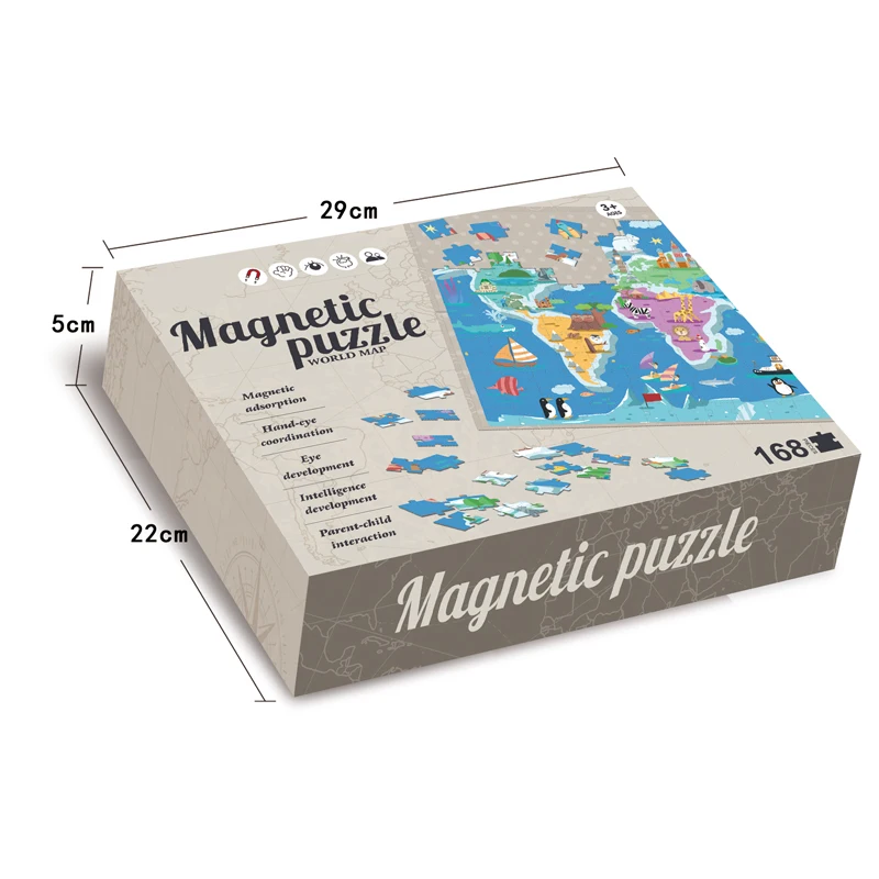 Puzzle magnetic harta lumii cu animale, 168 piese, tablita cu snur agatare pe perete, multicolor, 41x55 cm