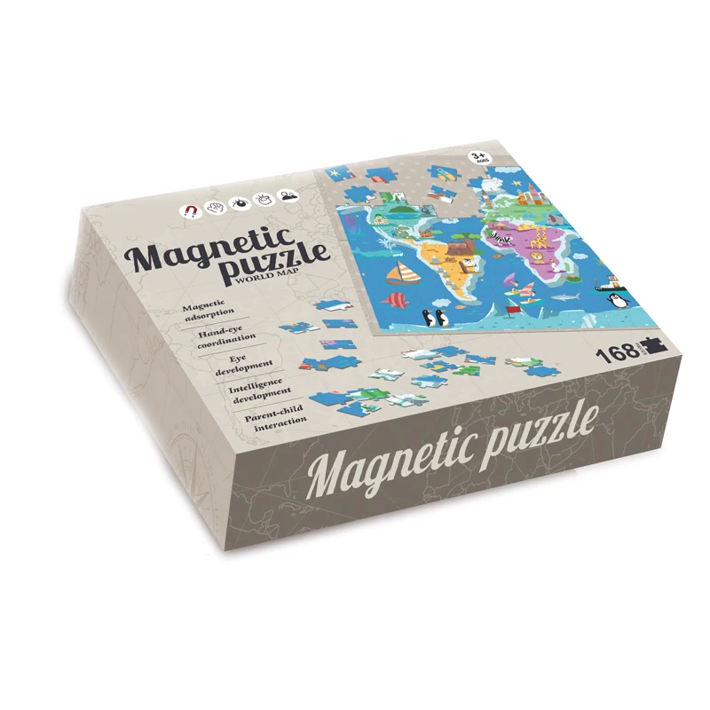 Puzzle magnetic harta lumii cu animale, 168 piese, tablita cu snur agatare pe perete, multicolor, 41x55 cm