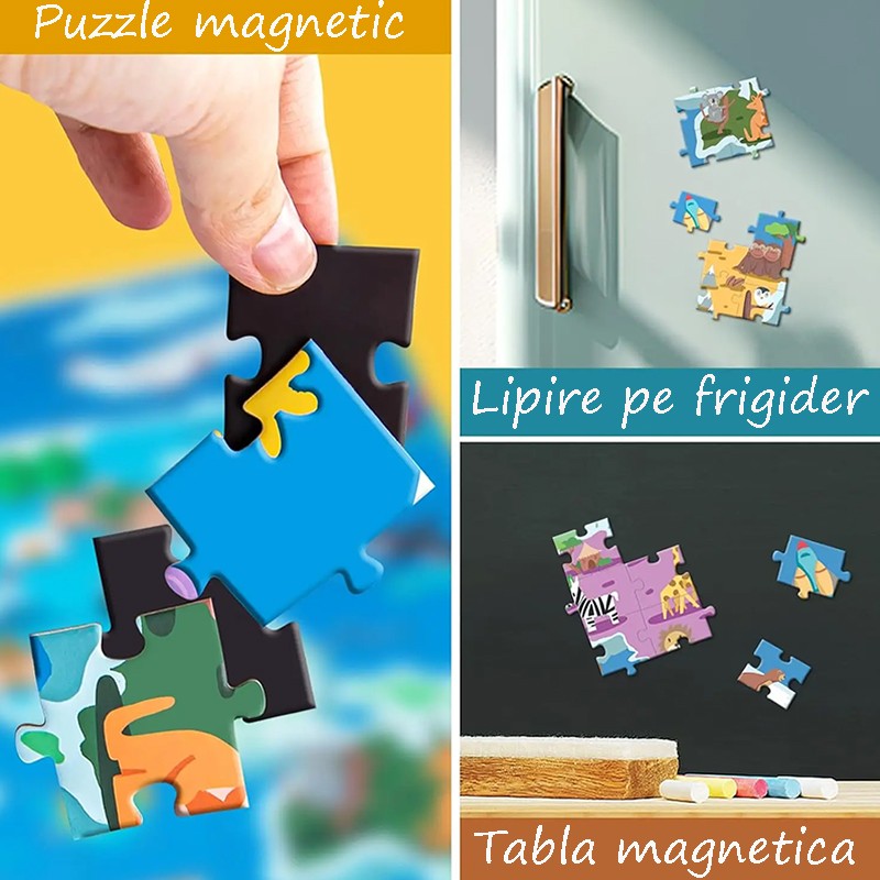 Puzzle magnetic harta lumii cu animale, 168 piese, tablita cu snur agatare pe perete, multicolor, 41x55 cm