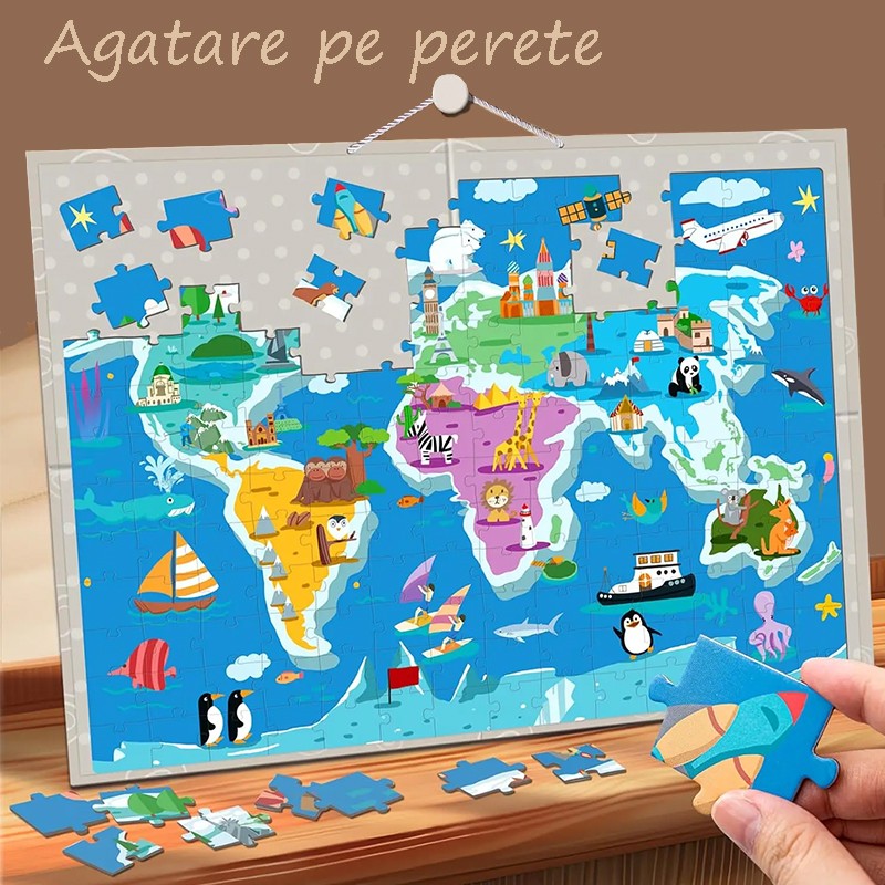 Puzzle magnetic harta lumii cu animale, 168 piese, tablita cu snur agatare pe perete, multicolor, 41x55 cm